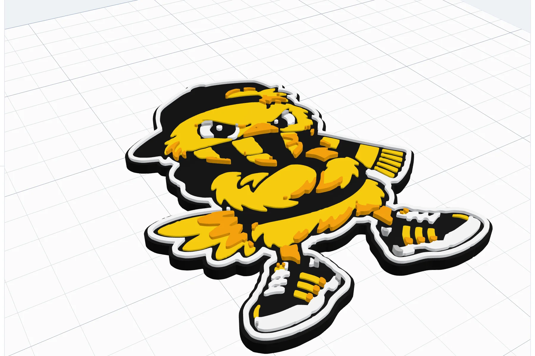 The chick mascot on the bed as a five-colour 3D body, each colour a little higher