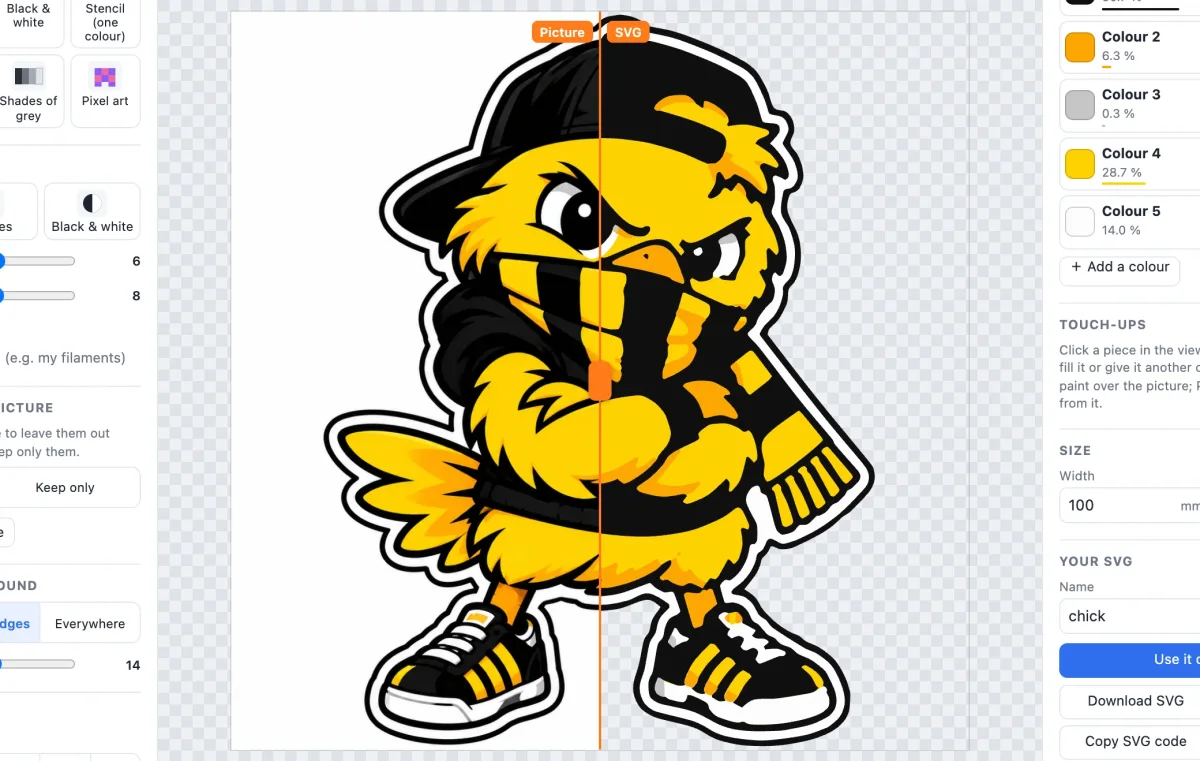 A yellow chick mascot picture on the left and its traced five-colour SVG on the right, split by the compare slider