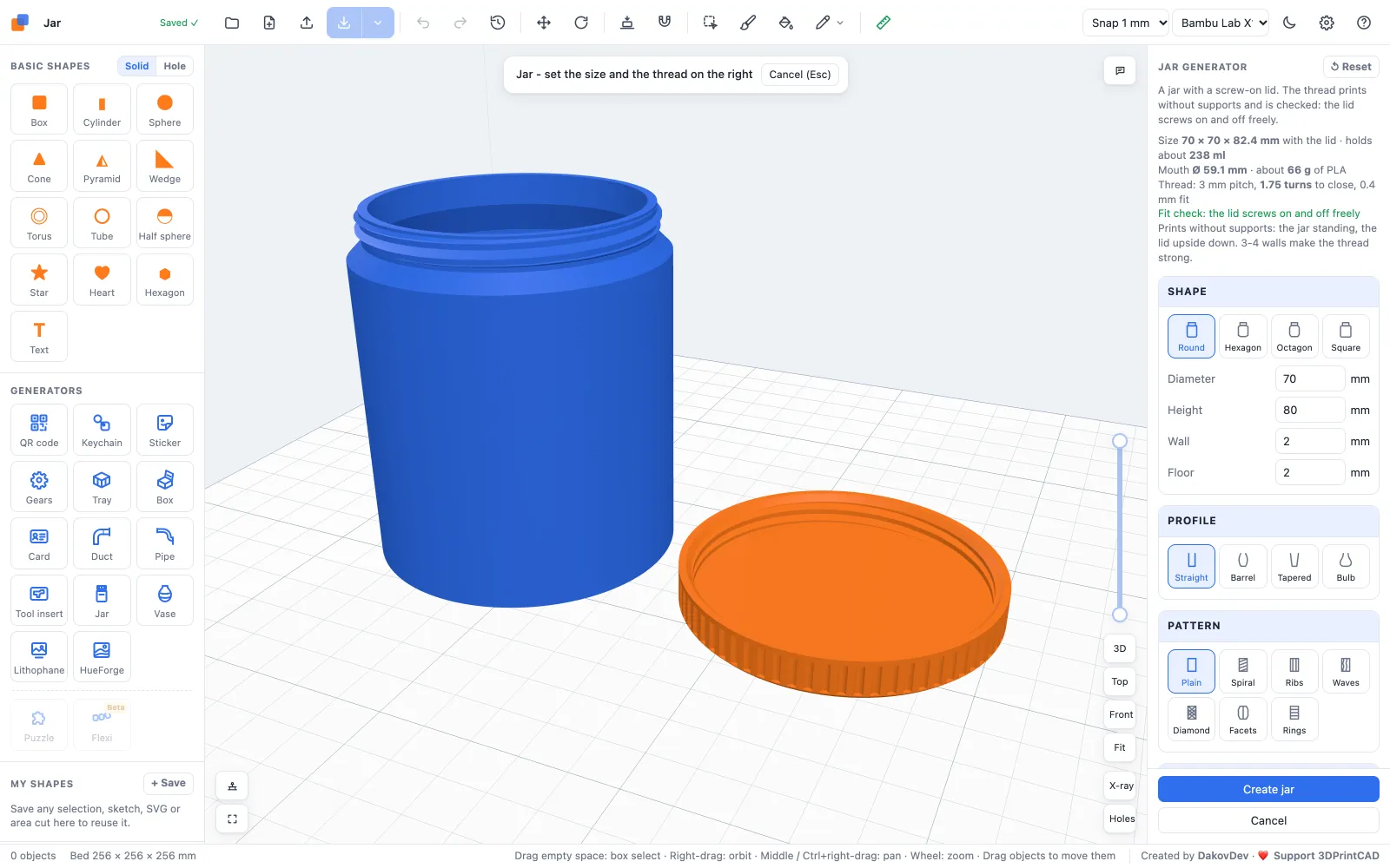 The 3DPrintCAD app with a jar and its screw lid and the jar generator panel on the right