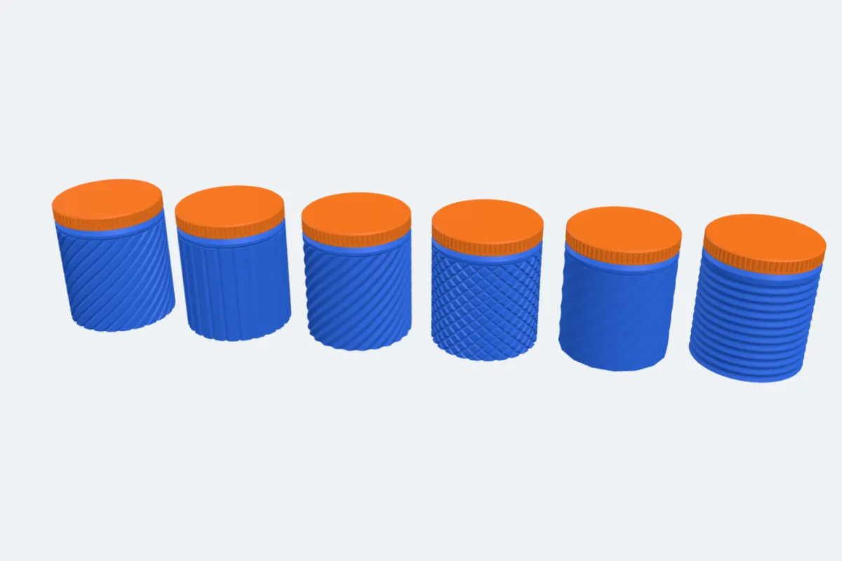 Six closed jars with spiral, ribs, waves, diamond, facets and rings patterns