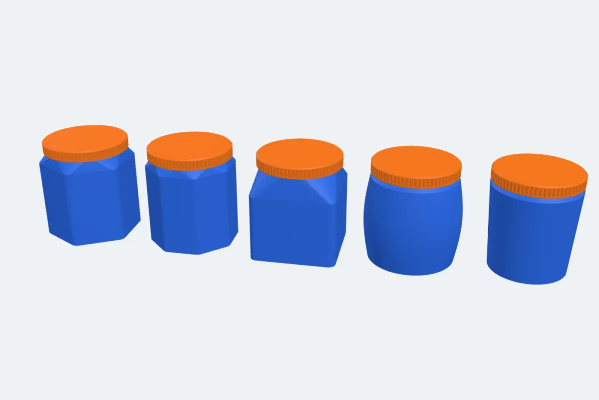 Five closed jars: hexagon, octagon, square, barrel and tapered