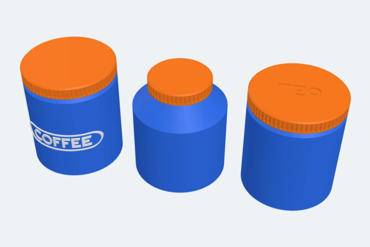 A jar with a COFFEE label, a jar with a narrow neck, and a jar with TEA on its lid