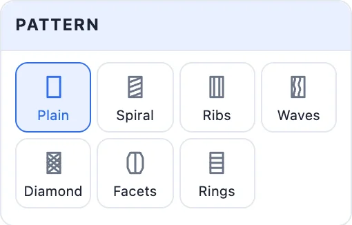 The Pattern card: plain, spiral, ribs, waves, diamond, facets and rings
