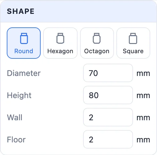 The Shape card: round, hexagon, octagon and square, diameter, height, wall and floor