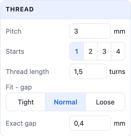 The Thread card: pitch, starts, thread length and the fit