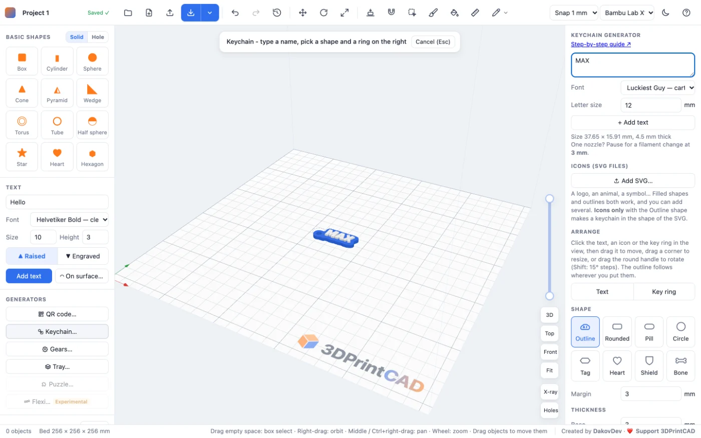 The 3DPrintCAD keychain generator with settings on the right and a live 3D preview of a name keychain