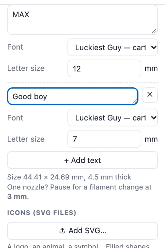 Keychain text settings: the name, font, letter size and a second text