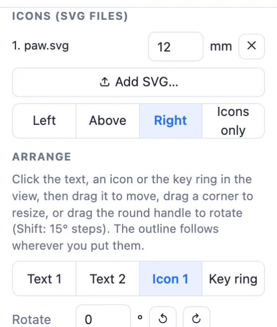 Keychain icon settings: an SVG icon with its height and its position next to the text