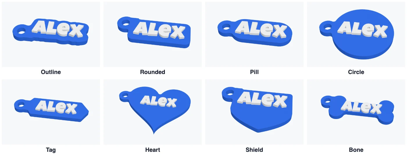 The eight keychain shapes: outline, rounded, pill, circle, tag, heart, shield and bone