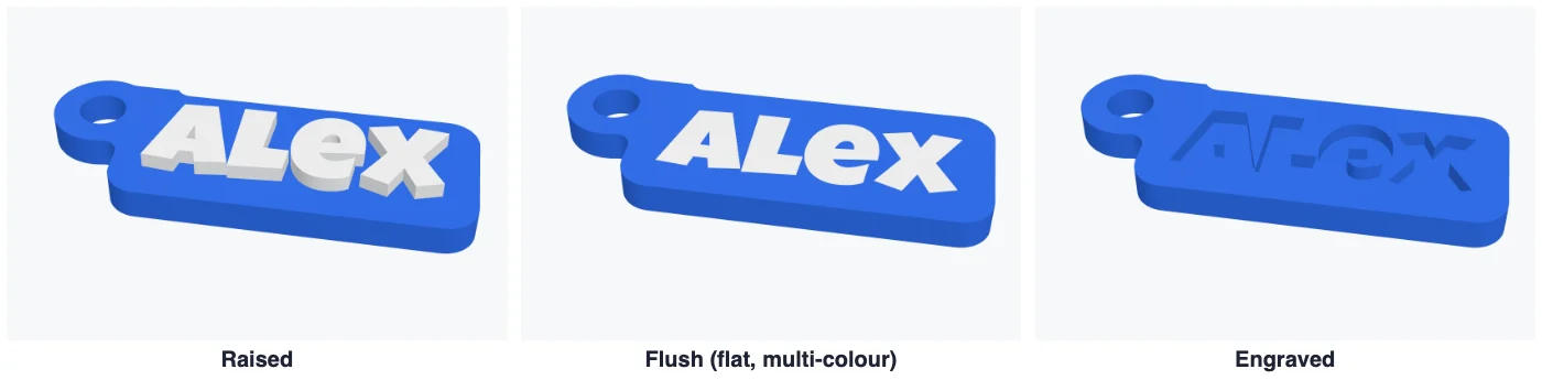 A raised, a flush and an engraved name keychain side by side