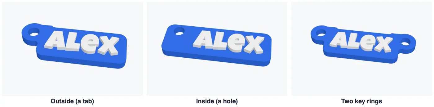 Key ring options: a tab outside the plate, a hole inside the plate, and two key rings