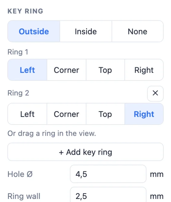 Key ring settings: outside, inside or none, positions for two rings, hole diameter and ring wall