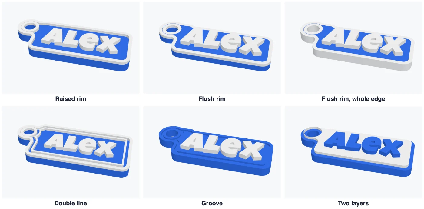 Keychain border styles: raised rim, flush rim, flush rim on the whole edge, double line, groove and two layers