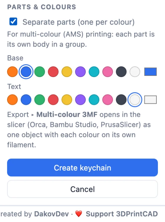Keychain parts and colours: base and text colours and the Create keychain button