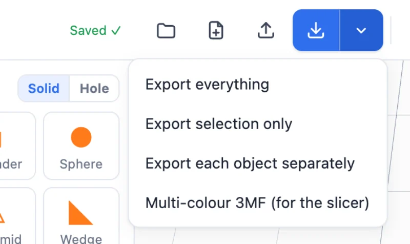 The export menu: export everything, selection, each object separately or a multi-colour 3MF