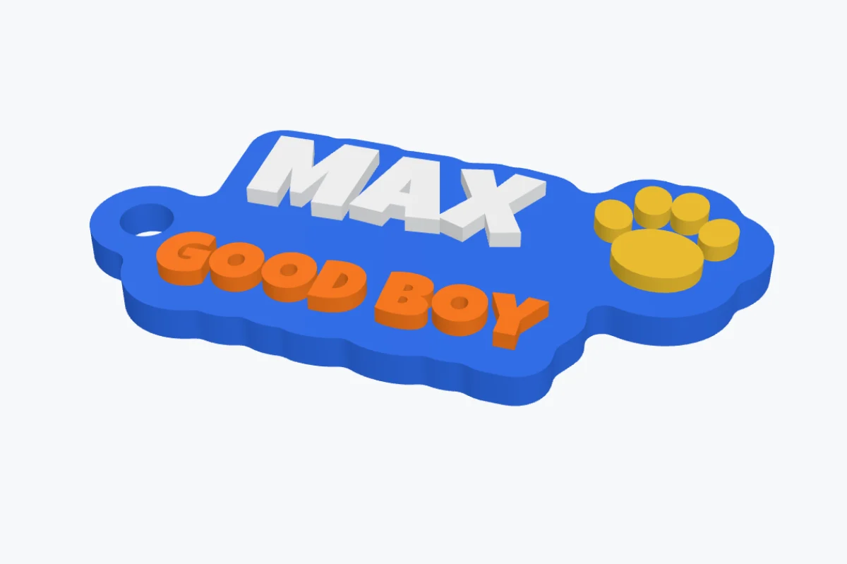 A 3D printed name keychain with two texts and a paw icon