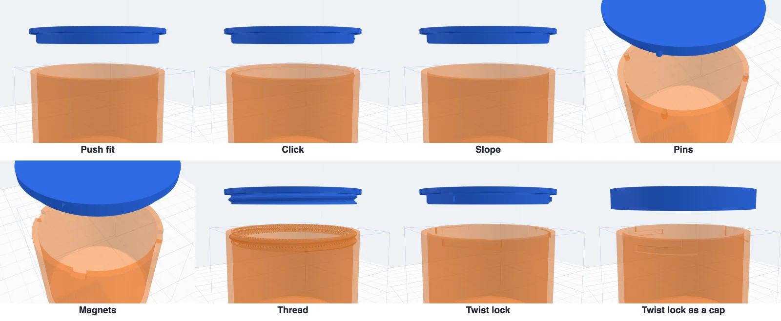 Every way of closing: push fit, click with its bead, a tapered slope, pins, magnet pockets, a thread, a twist lock and a twist lock on a cap