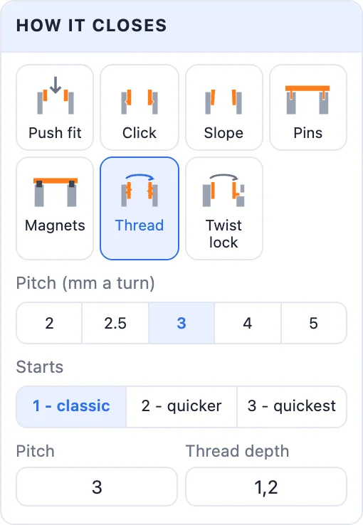 The How it closes card with Thread picked: pitch, starts and thread depth