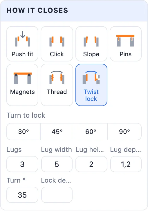 The How it closes card with Twist lock picked: the turn, lugs and their sizes