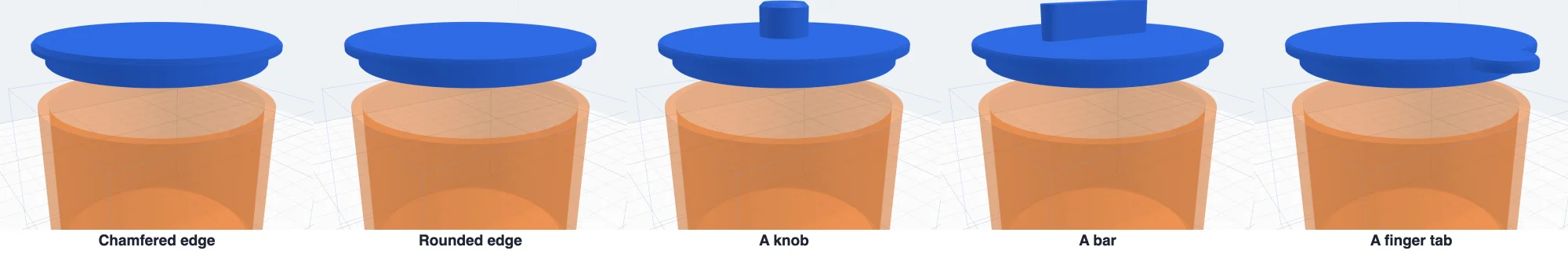 Lids with a chamfered edge, a rounded edge, a knob, a bar and a finger tab