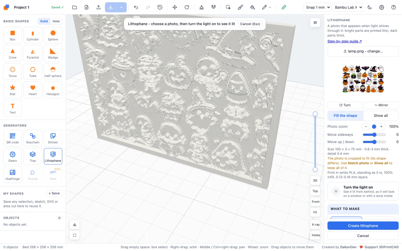 The 3DPrintCAD app with a lithophane panel of Halloween pictures and the lithophane panel on the right