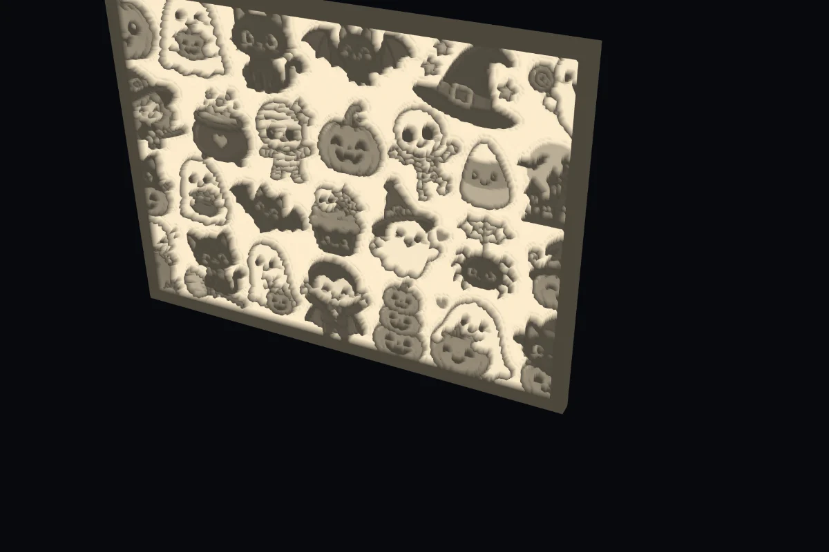 The same lithophane lit from behind: the Halloween pictures glow in warm light and dark tones
