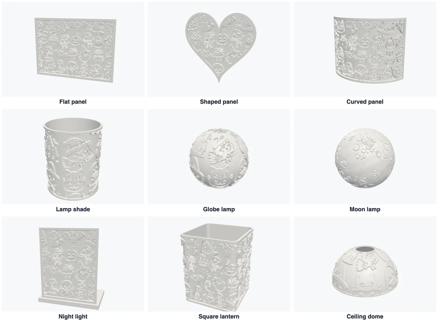 Lithophane types: flat panel, shaped heart panel, curved panel, lamp shade, globe lamp, moon lamp, night light, square lantern and ceiling dome