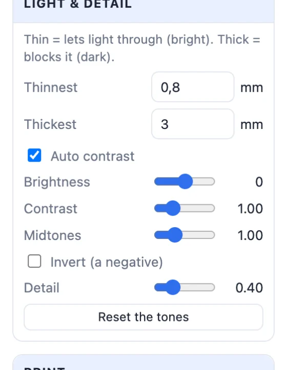 The Light and detail settings: thinnest, thickest, auto contrast, brightness, contrast, midtones, invert and detail