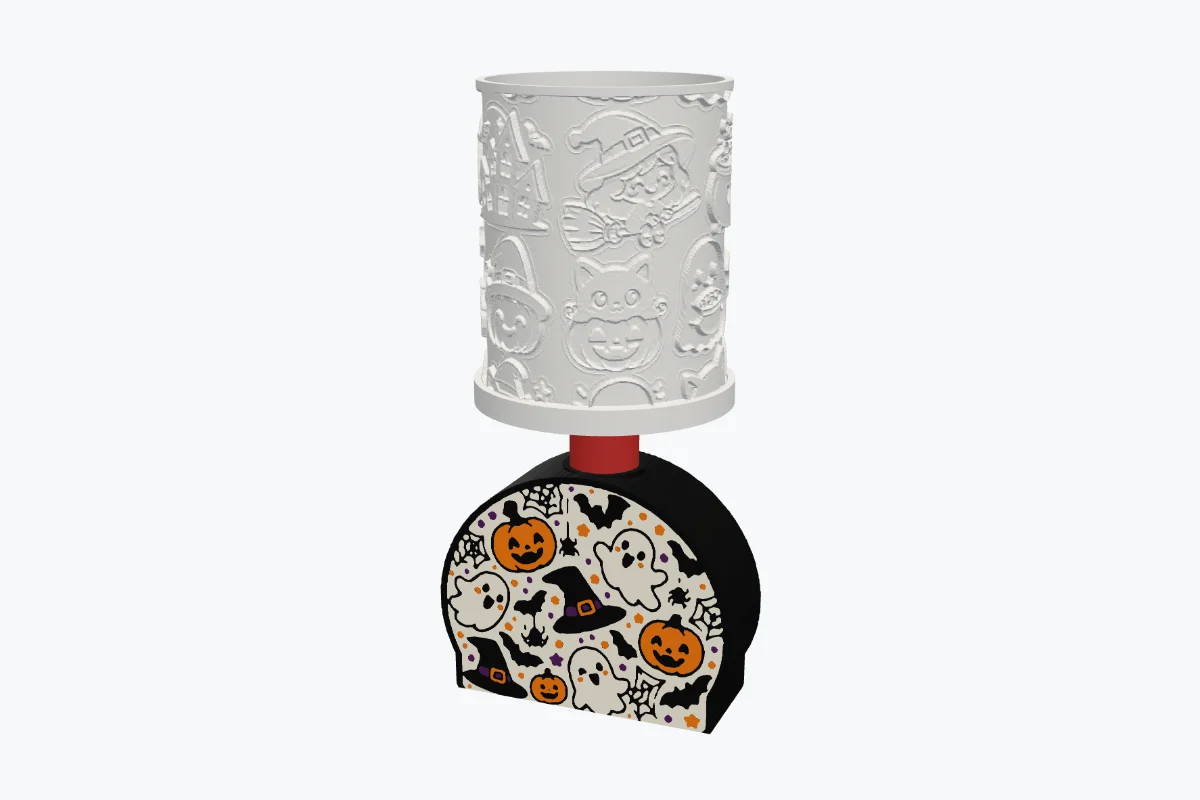 A lithophane lamp shade on a stand: a black arch sign with a colour Halloween picture, a red neck and a white lamp holder