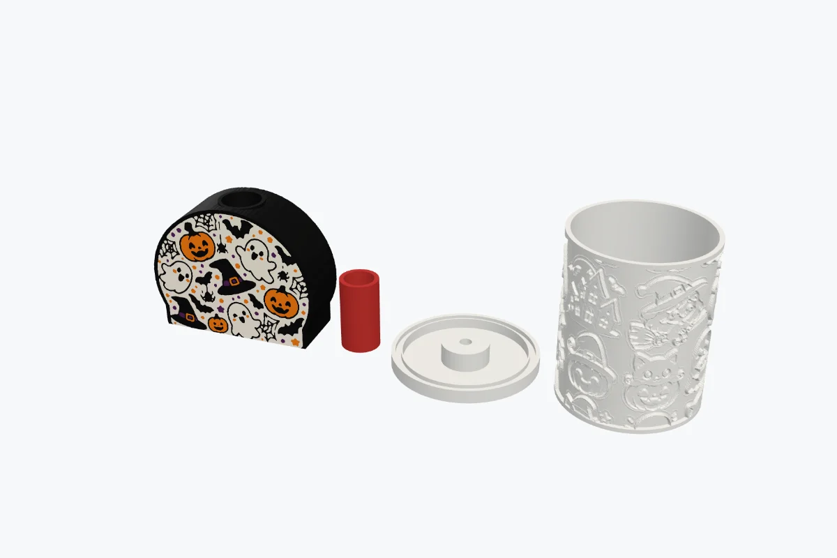 The lamp's parts laid out for printing: the sign body, the neck, the lamp holder and the lamp shade