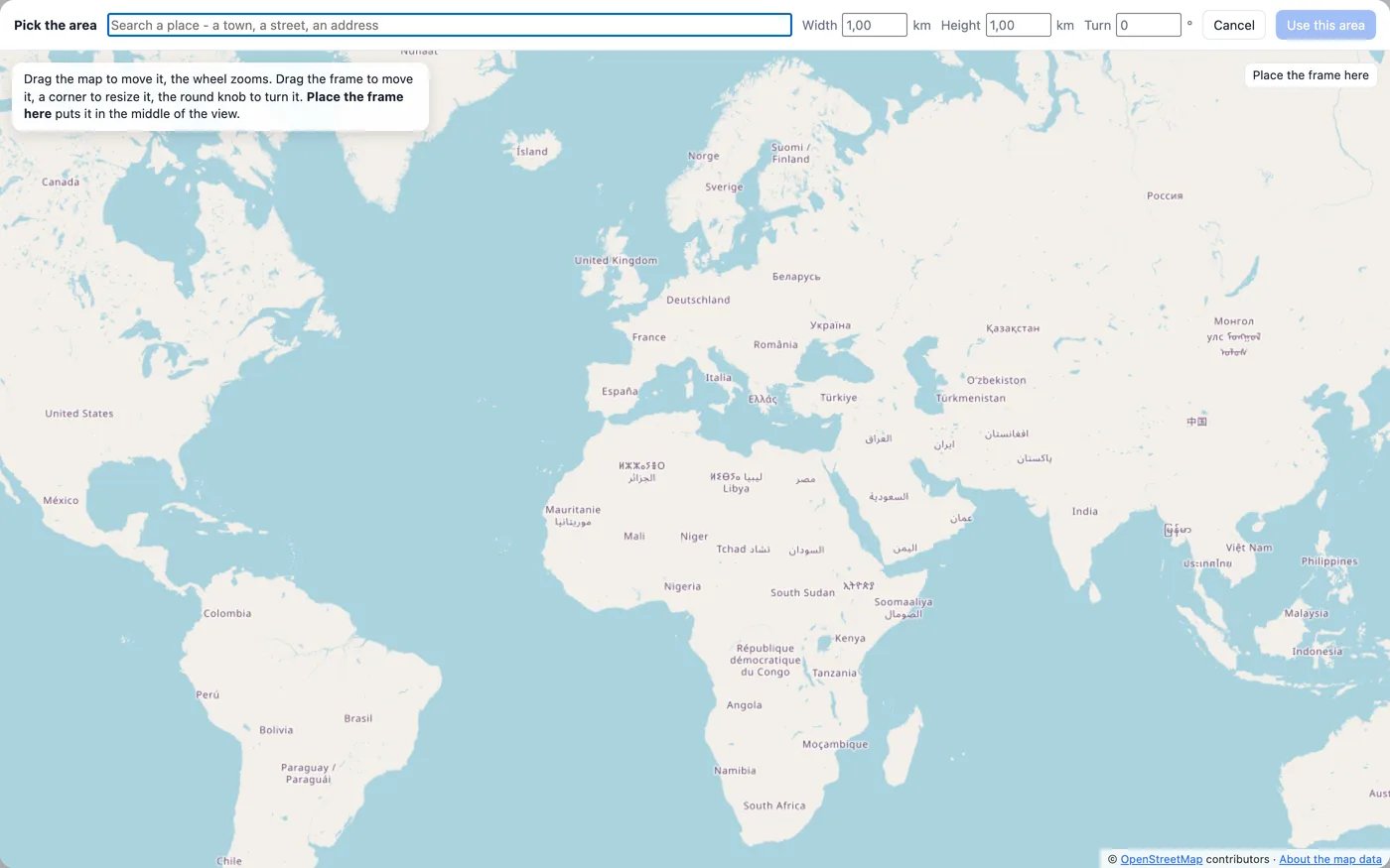 The area picker open on a map of the world