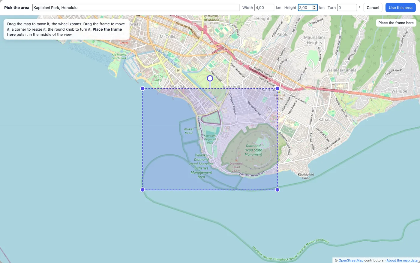 The area picker over Honolulu: the blue frame round Kapiolani Park and Diamond Head, 4 by 3 km