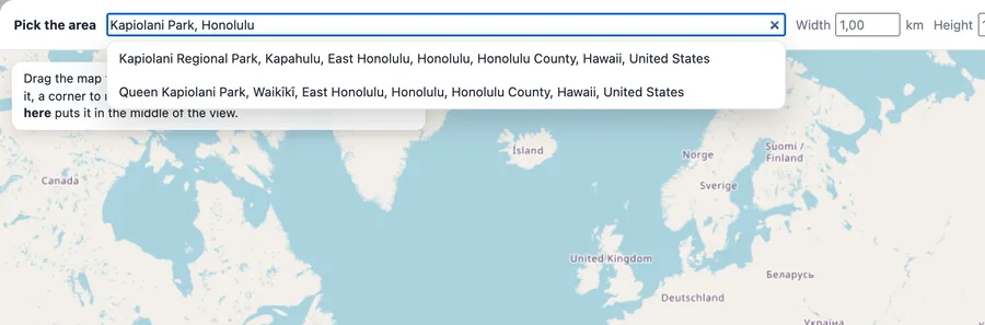 The search box with Kapiolani Park, Honolulu typed and two results under it