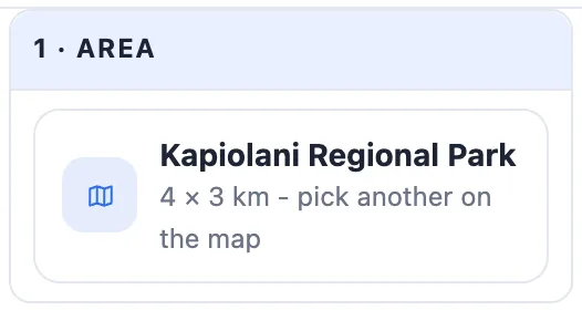 The Area card: Kapiolani Regional Park, 4 by 3 km, pick another on the map
