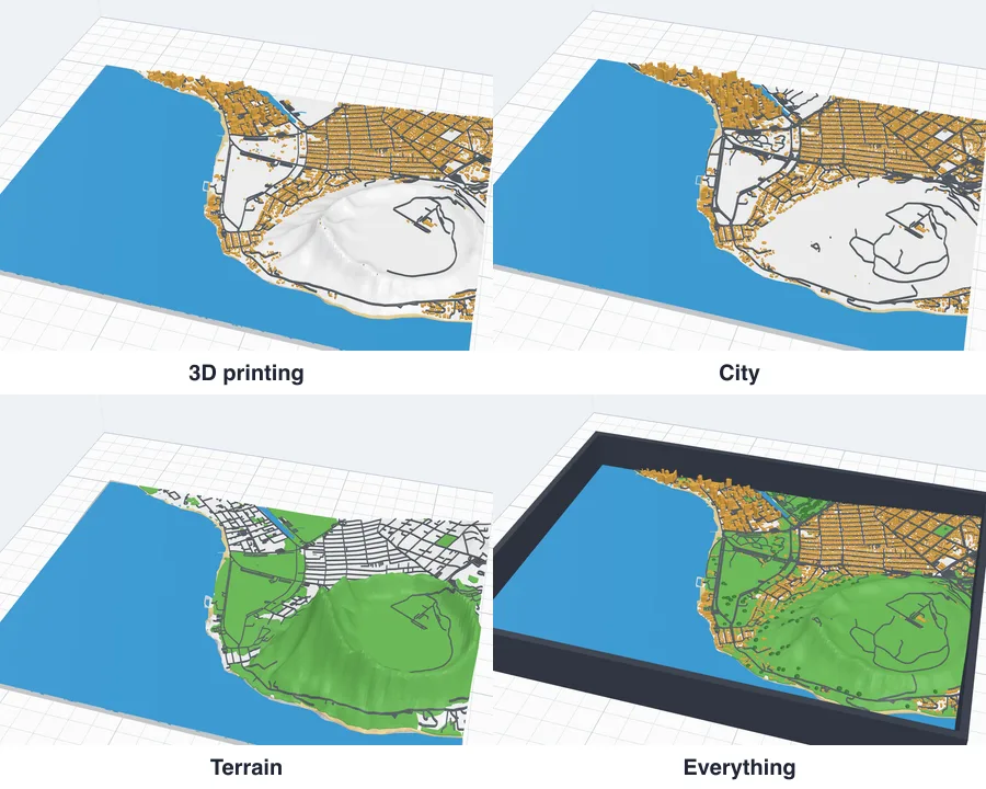 Hawaii in the four styles: 3D printing, City, Terrain and Everything