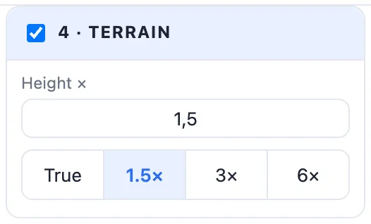 The Terrain card: height times 1.5 and the chips True, 1.5, 3 and 6