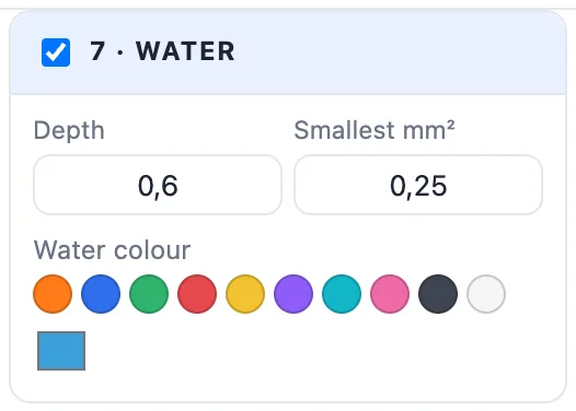 The Water card: depth, smallest and the colour