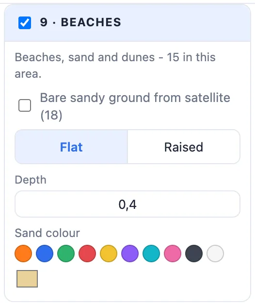 The Beaches card: 15 beaches in this area, bare sandy ground from satellite, flat or raised, depth and colour