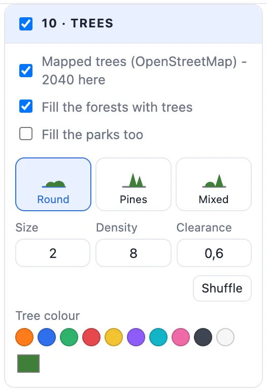 The Trees card: mapped trees, fill the forests, fill the parks, round, pines or mixed, size, density, clearance, shuffle and colour
