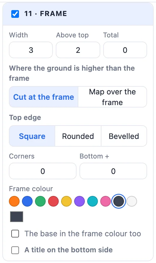 The Frame card: width, above top, total, cut at the frame or map over the frame, top edge, corners, bottom and colour