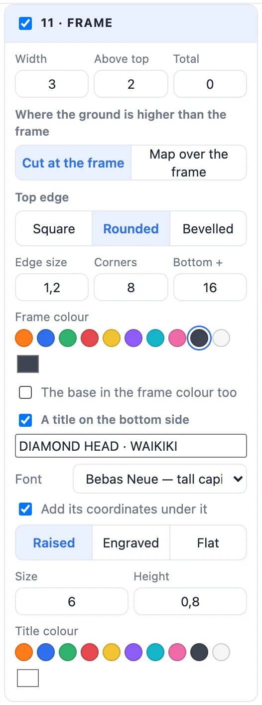 The frame with a rounded top edge, rounded corners and a title with coordinates