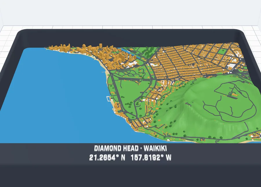 The Hawaii map in a dark frame with rounded corners and the title DIAMOND HEAD · WAIKIKI with its coordinates