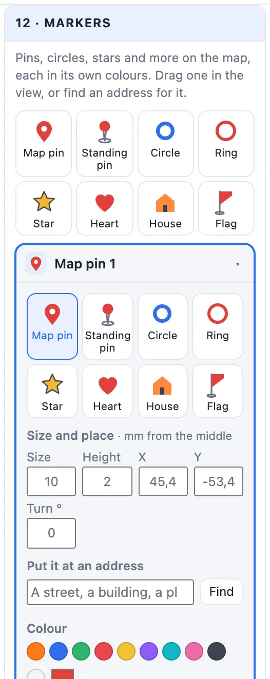A map pin opened: its kind, size, height, place, turn, the address search and its colours