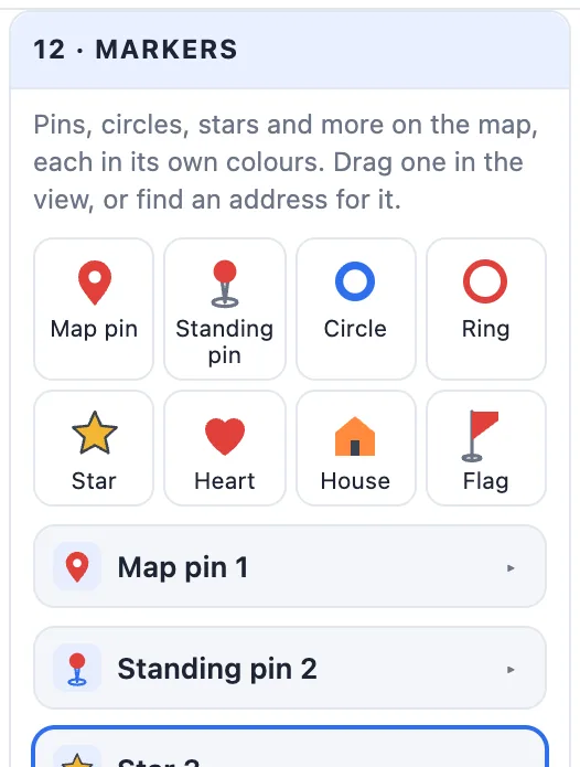The Markers card: map pin, standing pin, circle, ring, star, heart, house and flag