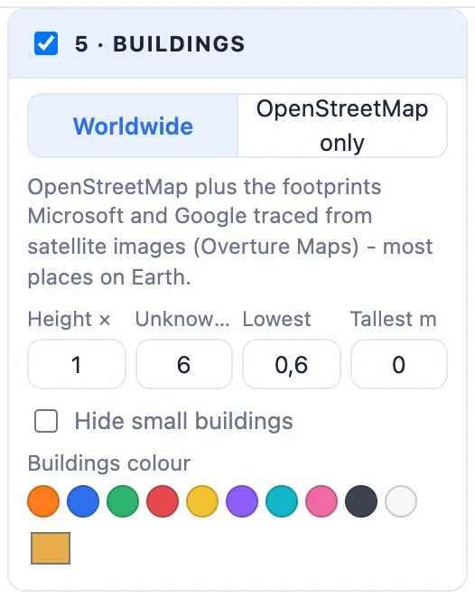 The Buildings card: Worldwide or OpenStreetMap only, height, unknown, lowest, tallest, hide small and the colour