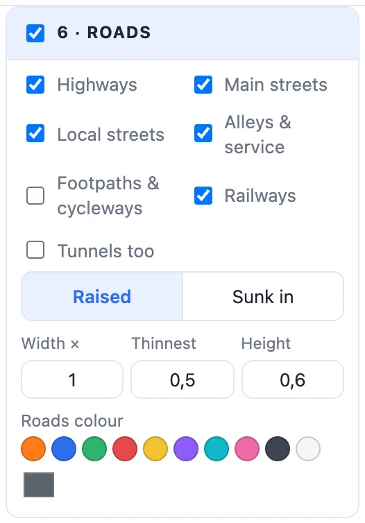 The Roads card: road classes, tunnels, raised or sunk in, width, thinnest, height and colour