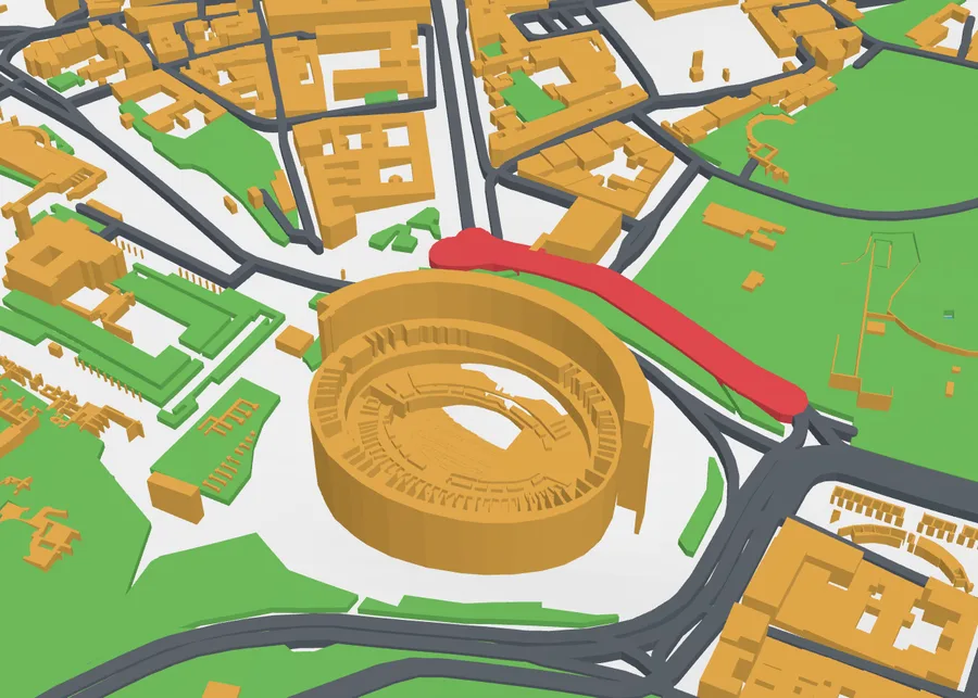 A street near the Colosseum in red, three times wider