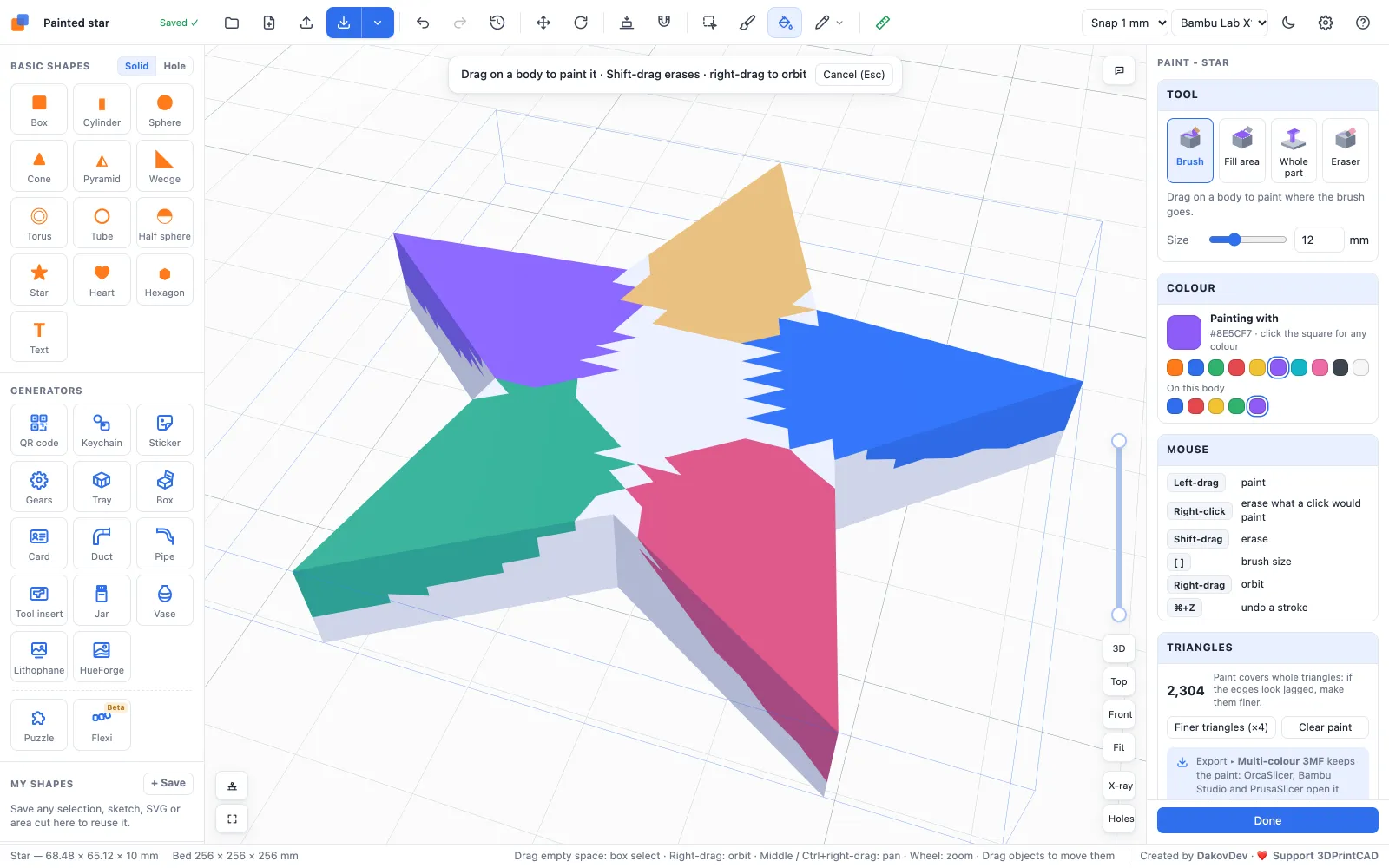 The 3DPrintCAD app with a star painted in five colours and the Paint panel on the right