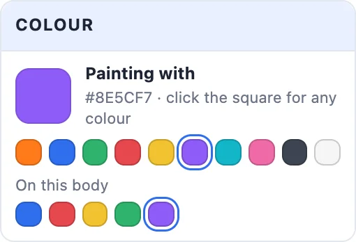 The Colour card: the current colour, ten swatches and the colours on this body
