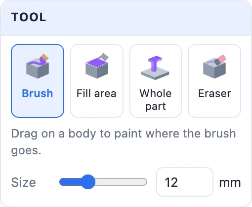 The Tool card: brush, fill area, whole part and eraser, with the stop at edges angle